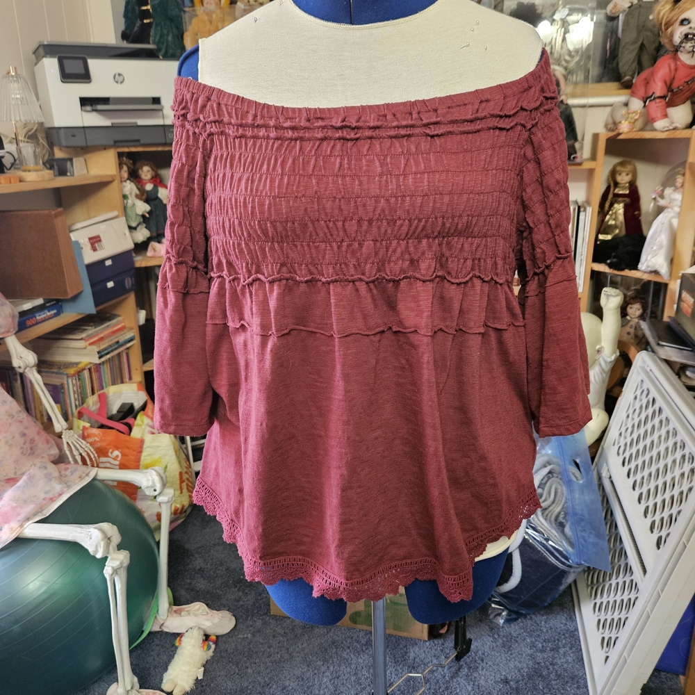 Maurices Off-the-Shoulder Smocked Tunic in Burgundy